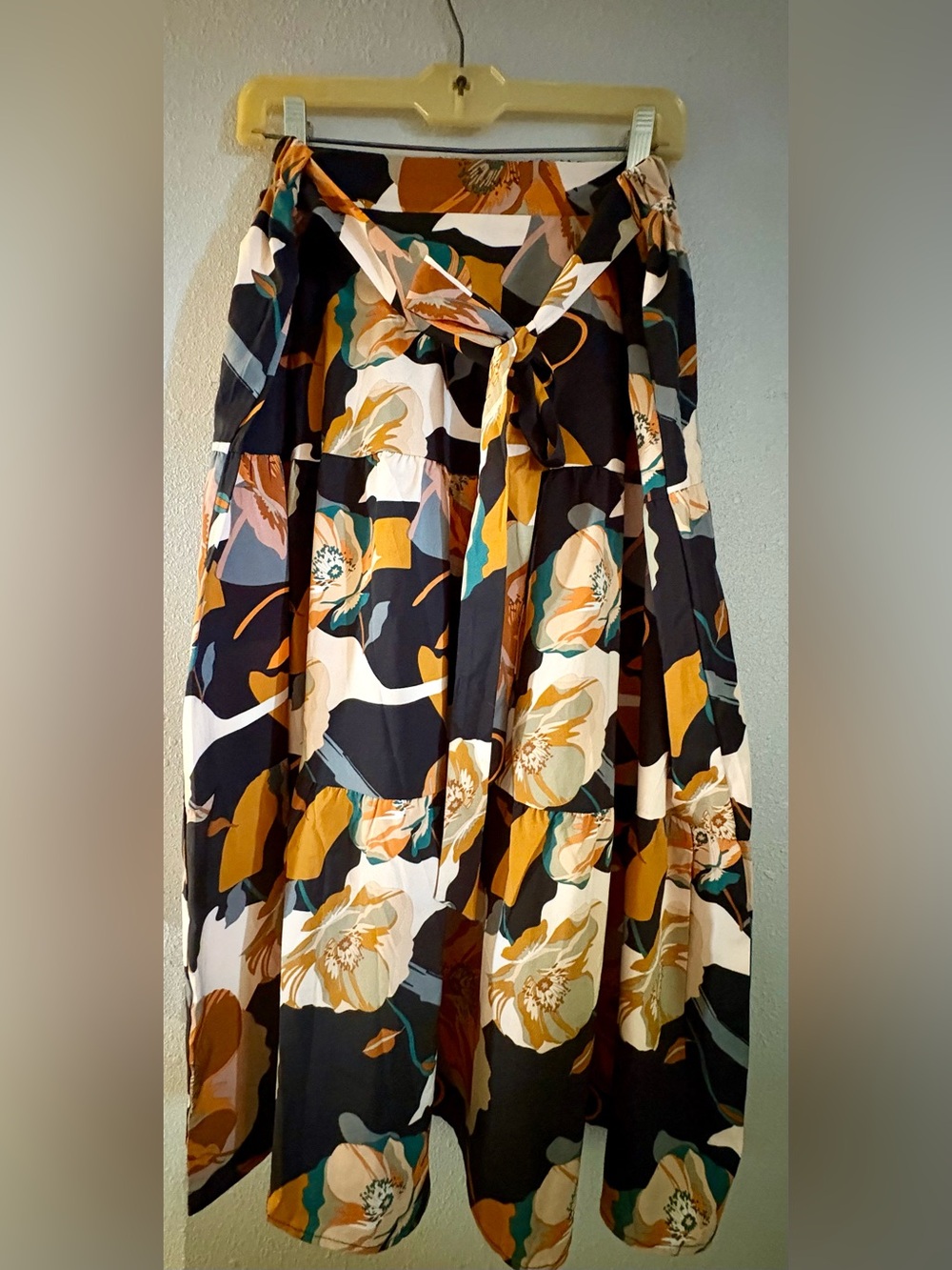 SHEIN Floral Tiered Maxi Skirt in Black, Mustard & Teal w/ Front Tie NWOT
